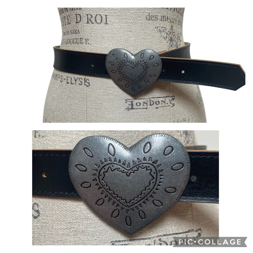 Black Faux Leather Belt with Pewter Color Silver Tone Metal Heart Buckle Sz 12